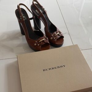 Burberry Brown Leather Platform Slingback Heels with Gold Hardware